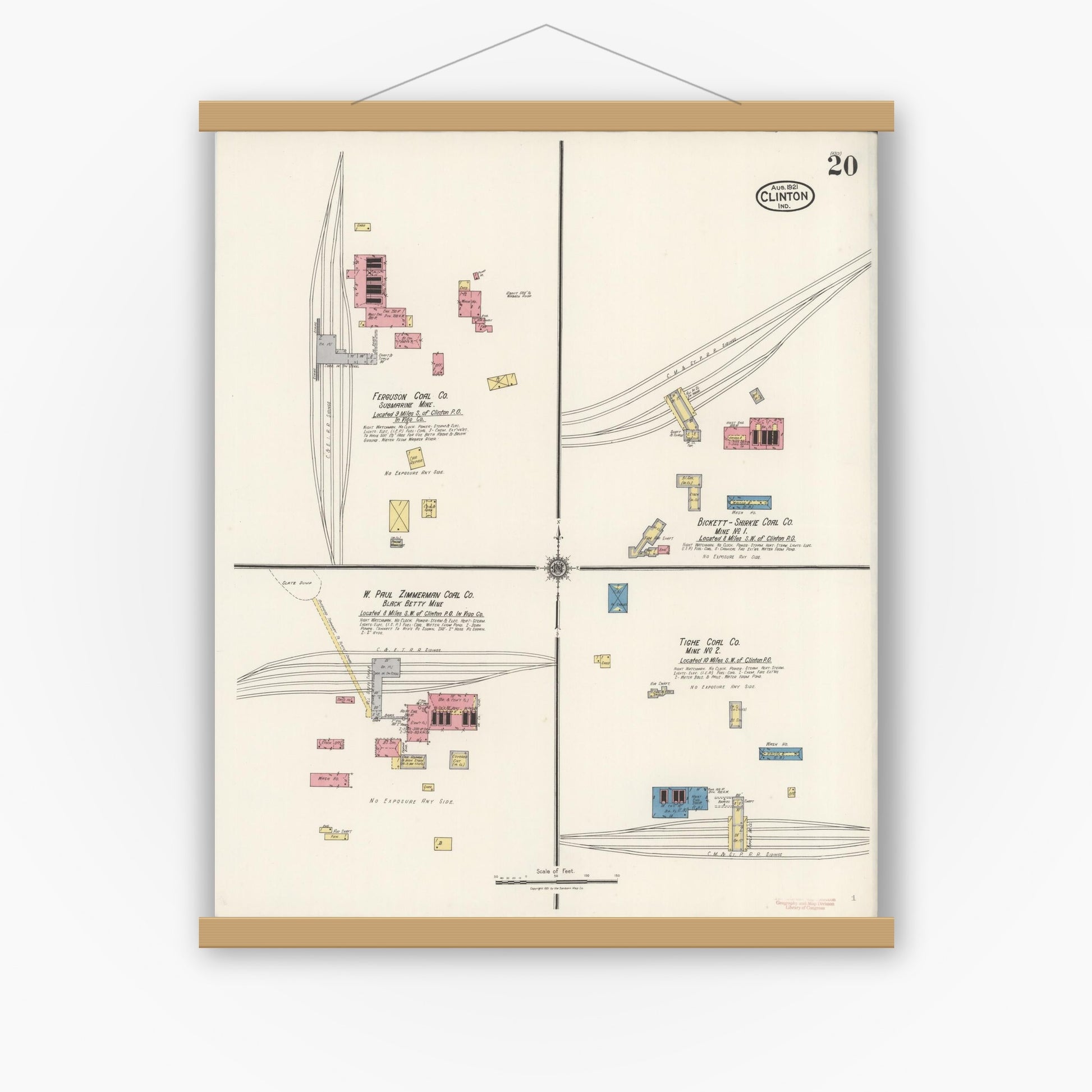 Old map wall art mockup — magnetic wood frame on white wall — Sanborn Fire Insurance Map from Clinton, Vermillion County, Indiana (1921), Sheet #0020