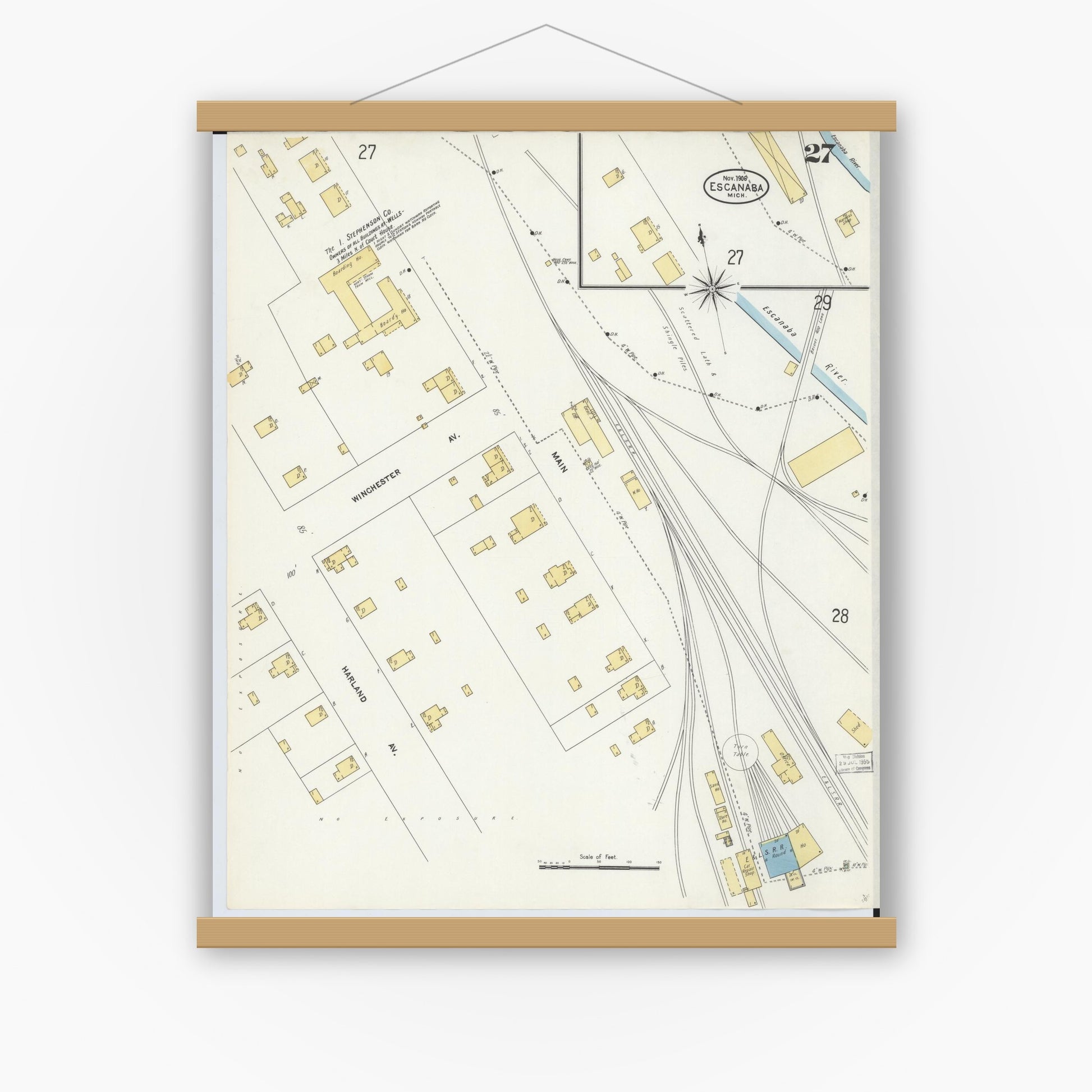 Old map wall art mockup — magnetic wood frame on white wall — Sanborn Fire Insurance Map from Escanaba, Delta County, Michigan (1906), Sheet #0027