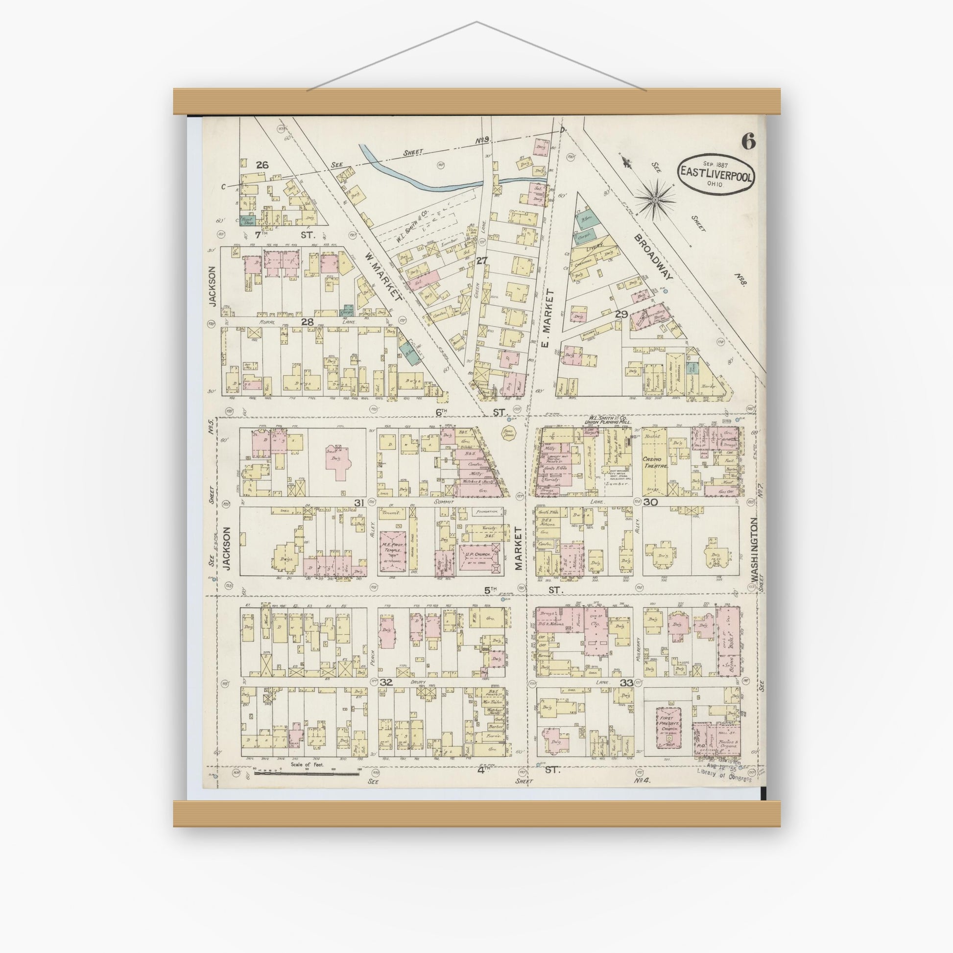 Old map wall art mockup — magnetic wood frame on white wall — Sanborn Fire Insurance Map from East Liverpool, Columbiana County, Ohio (1887), Sheet #0006