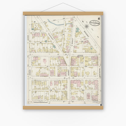 Old map wall art mockup — magnetic wood frame on white wall — Sanborn Fire Insurance Map from East Liverpool, Columbiana County, Ohio (1887), Sheet #0006