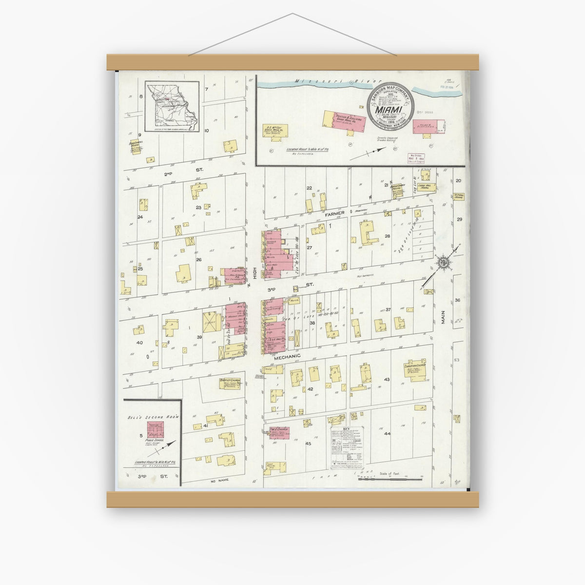 Old map wall art mockup — magnetic wood frame on white wall — Sanborn Fire Insurance Map from Miami, Saline County, Missouri (1914), Sheet #0001