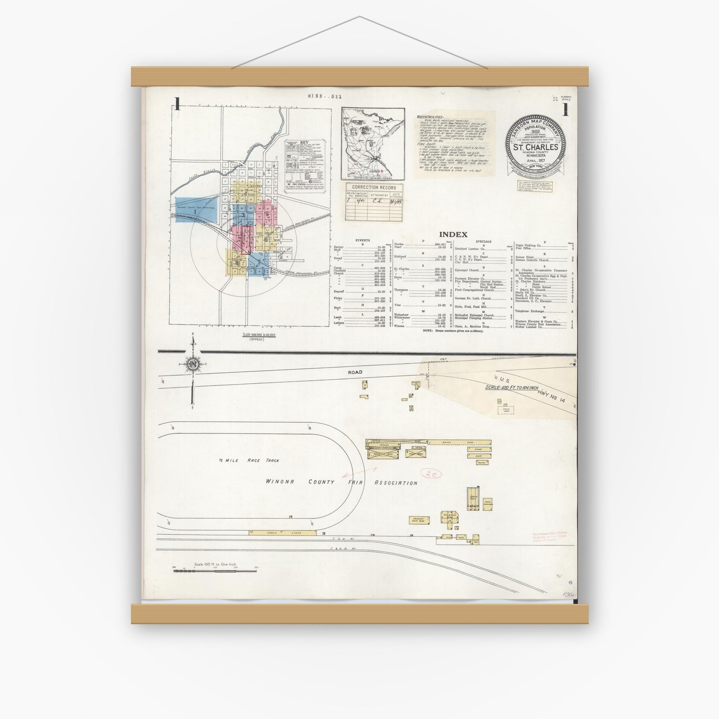 Old map wall art mockup — magnetic wood frame on white wall — Sanborn Fire Insurance Map from Saint Charles, Winona County, Minnesota (1940), Sheet #0001