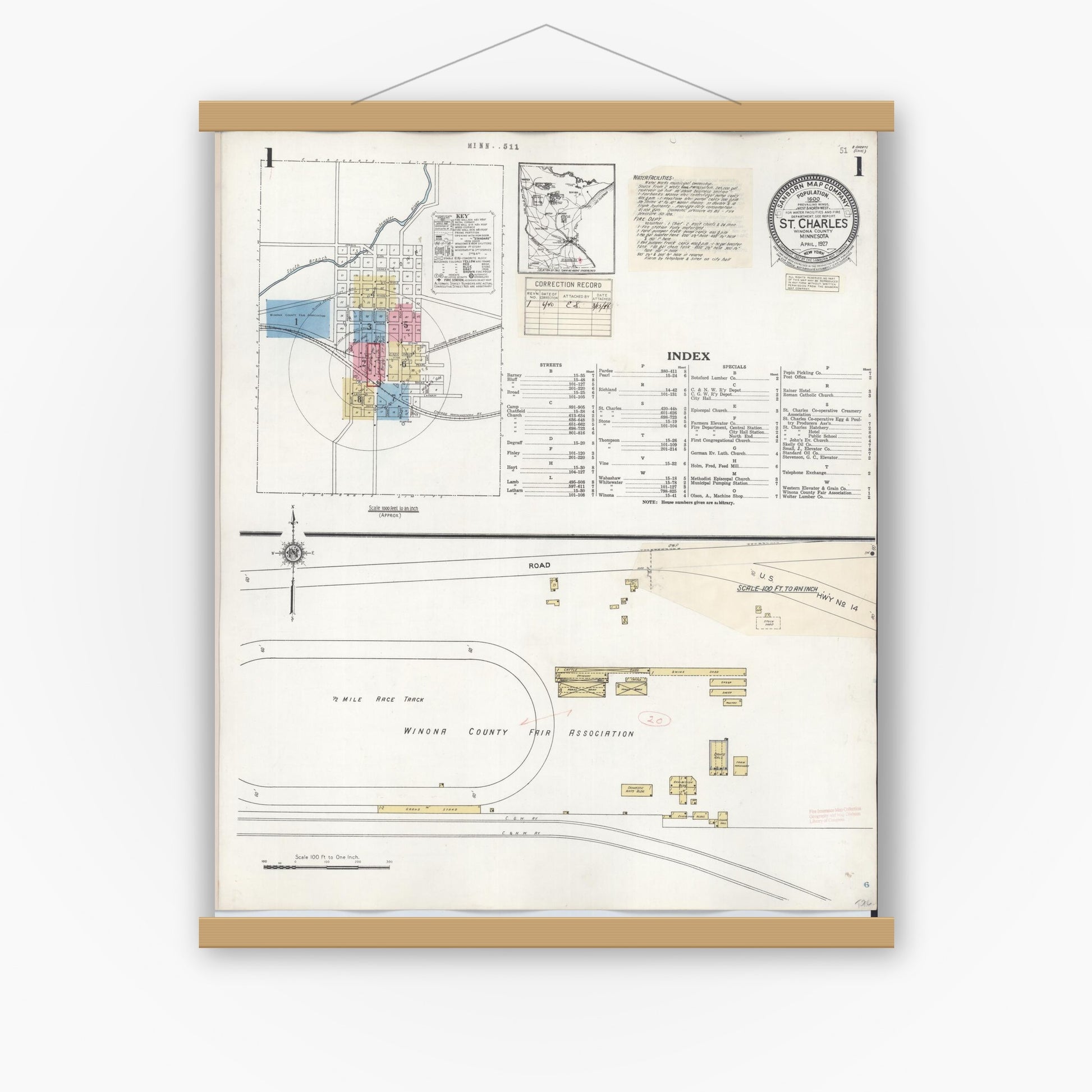 Old map wall art mockup — magnetic wood frame on white wall — Sanborn Fire Insurance Map from Saint Charles, Winona County, Minnesota (1940), Sheet #0001