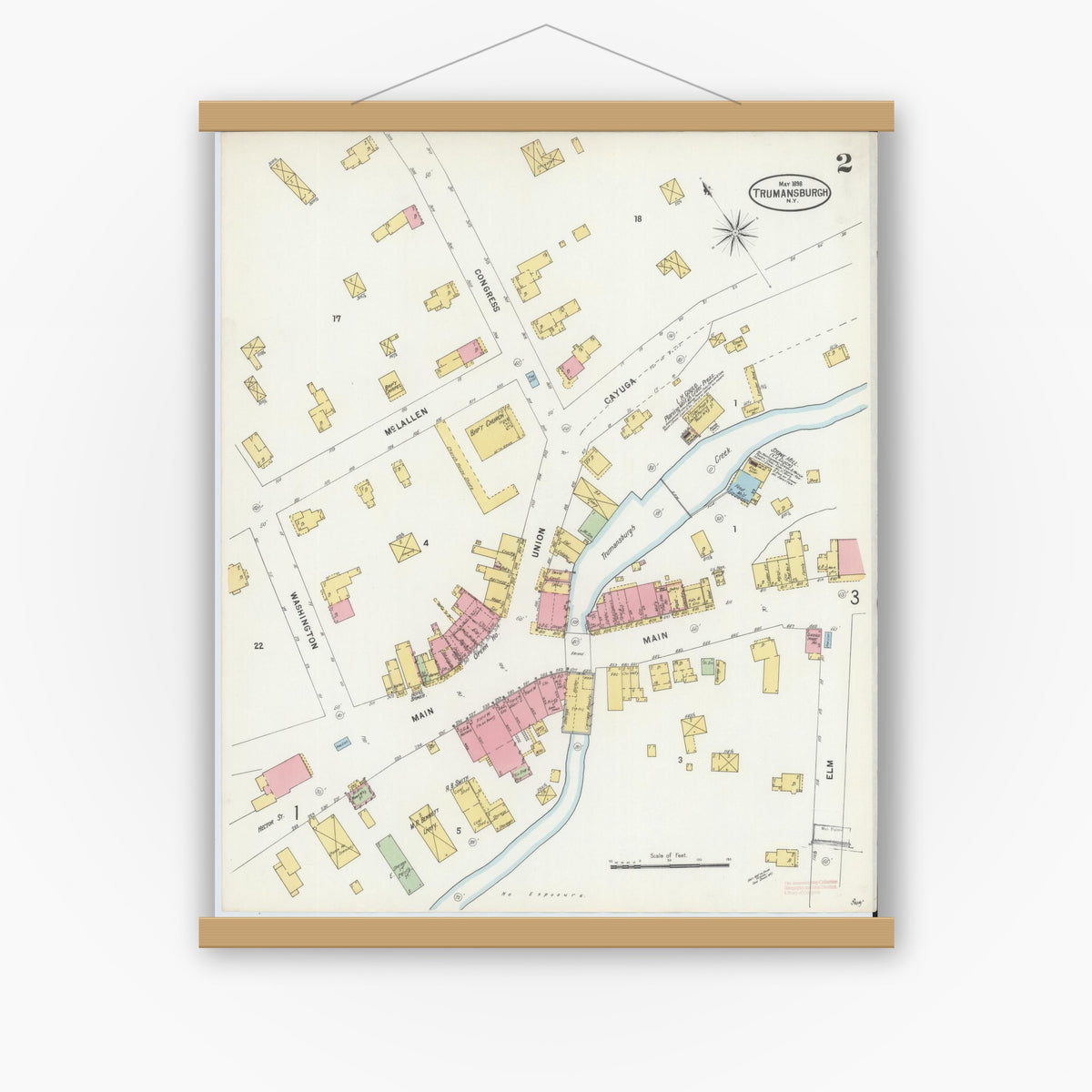 Old map wall art mockup — magnetic wood frame on white wall — Sanborn Fire Insurance Map from Trumansburg, Tompkins County, New York (1898), Sheet #0002