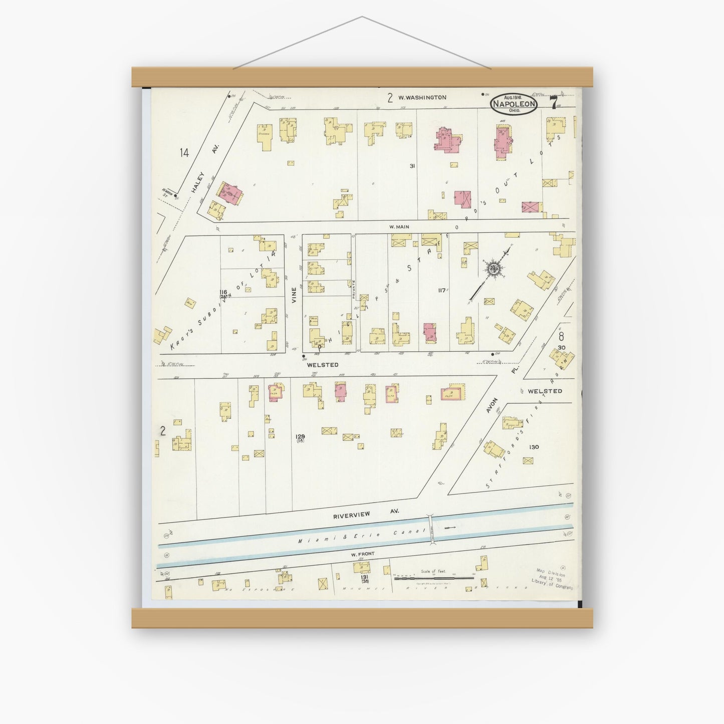 Old map wall art mockup — magnetic wood frame on white wall — Sanborn Fire Insurance Map from Napoleon, Henry County, Ohio (1916), Sheet #0007