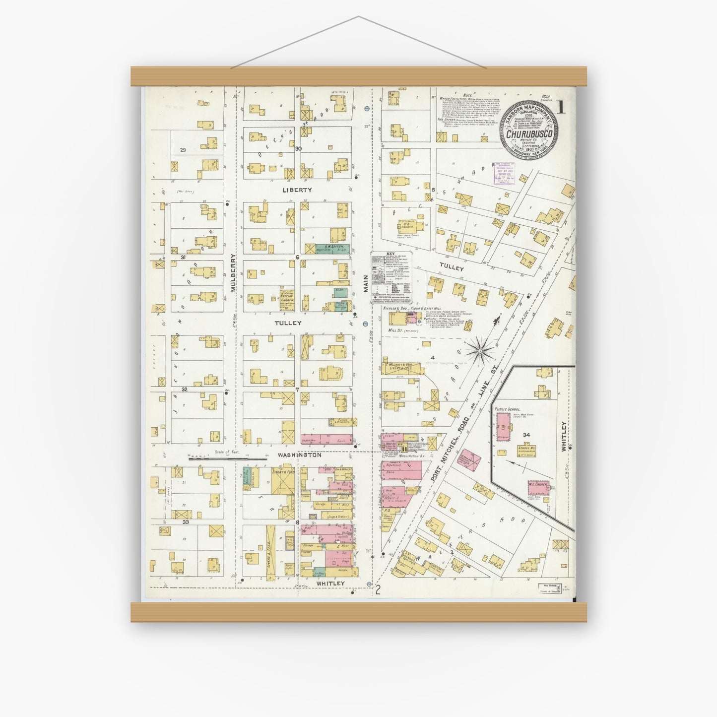 Old map wall art mockup — magnetic wood frame on white wall — Sanborn Fire Insurance Map from Churubusco, Whitley County, Indiana (1905) - Complete Map Set