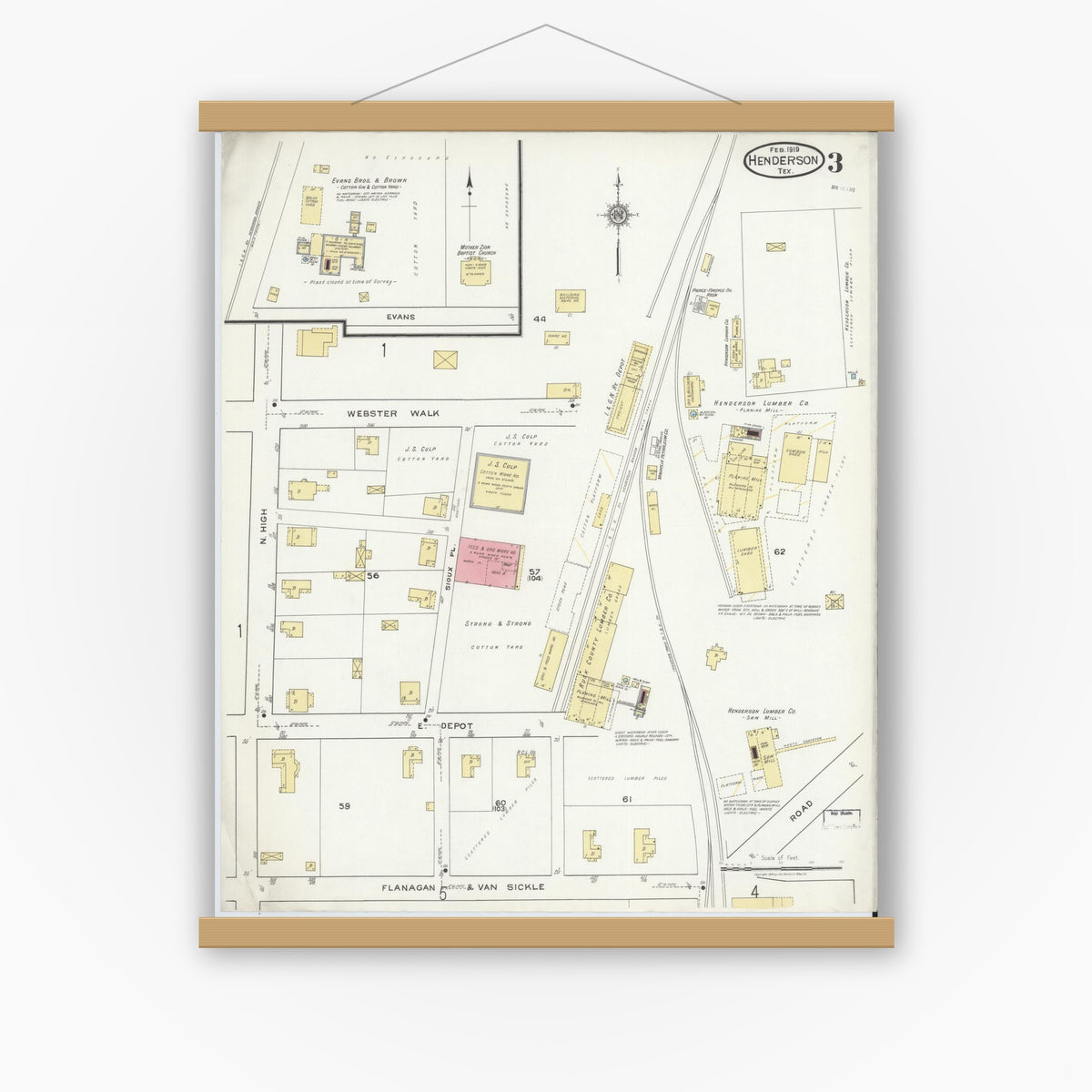 Old map wall art mockup — magnetic wood frame on white wall — Sanborn Fire Insurance Map from Henderson, Rusk County, Texas (1919), Sheet #0003