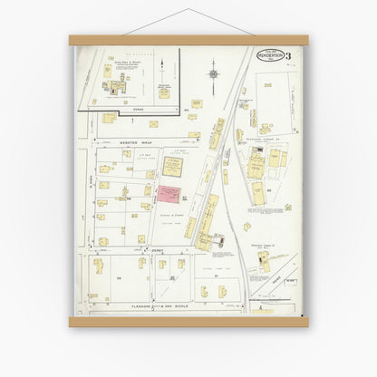 Old map wall art mockup — magnetic wood frame on white wall — Sanborn Fire Insurance Map from Henderson, Rusk County, Texas (1919), Sheet #0003