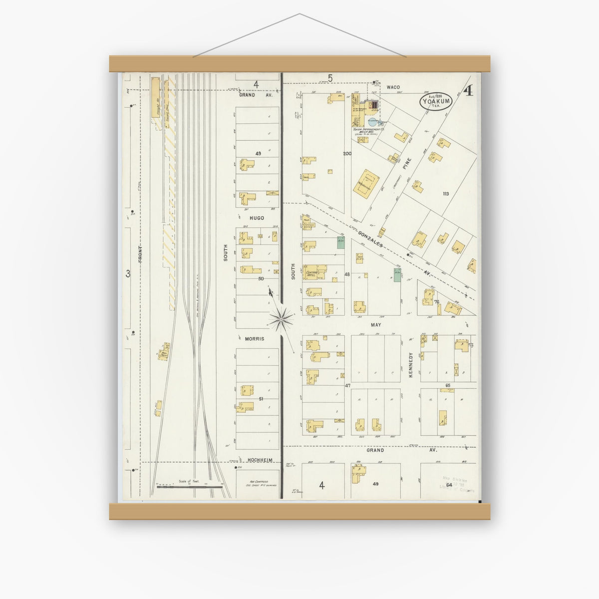 Old map wall art mockup — magnetic wood frame on white wall — Sanborn Fire Insurance Map from Yoakum, De Witt And Lavaca Counties, Texas (1898), Sheet #0004