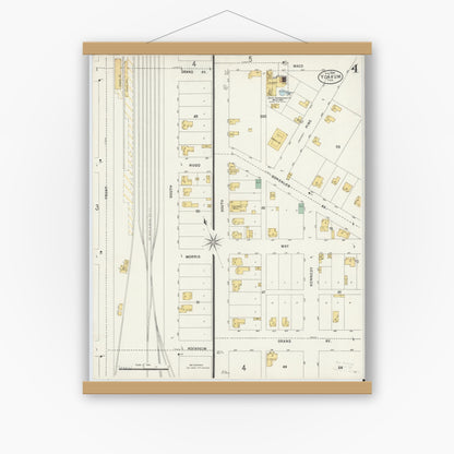 Old map wall art mockup — magnetic wood frame on white wall — Sanborn Fire Insurance Map from Yoakum, De Witt And Lavaca Counties, Texas (1898), Sheet #0004