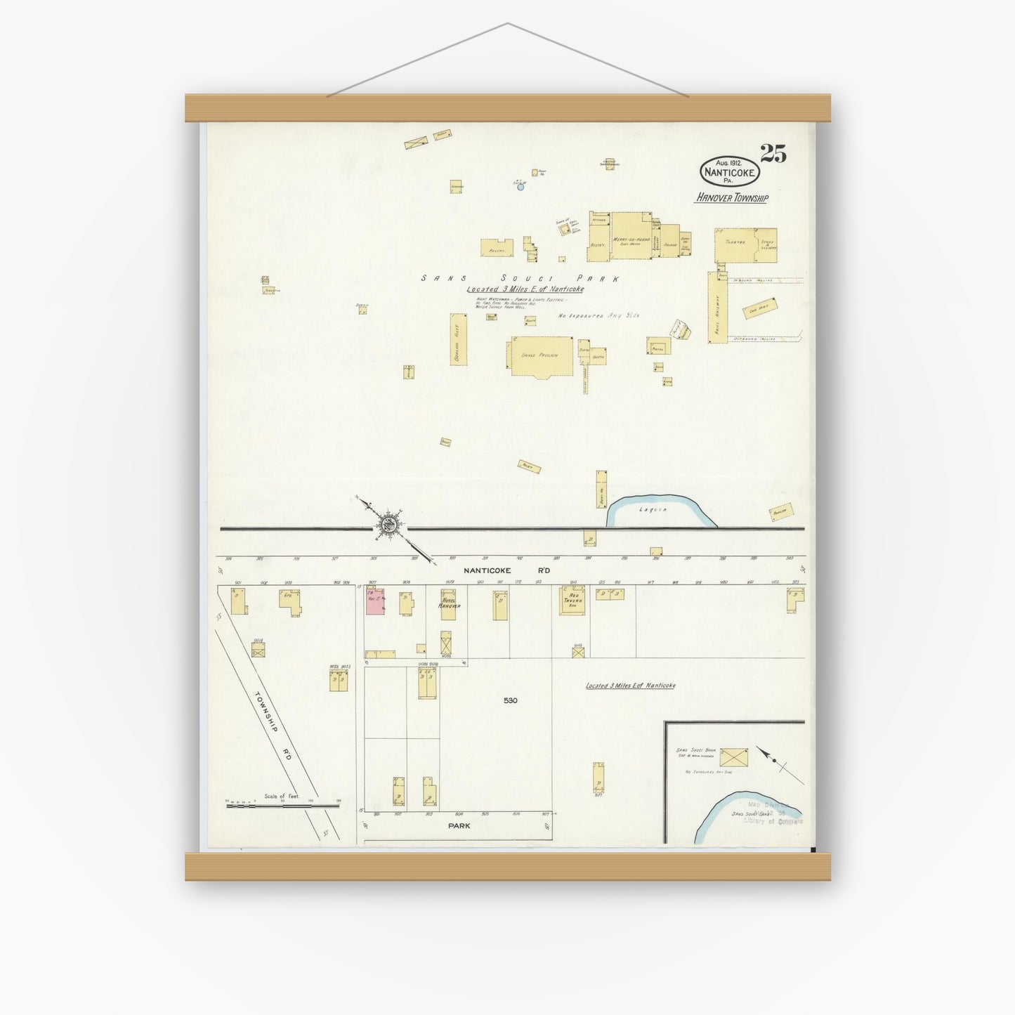 Old map wall art mockup — magnetic wood frame on white wall — Sanborn Fire Insurance Map from Nanticoke, Luzerne County, Pennsylvania (1912), Sheet #0025