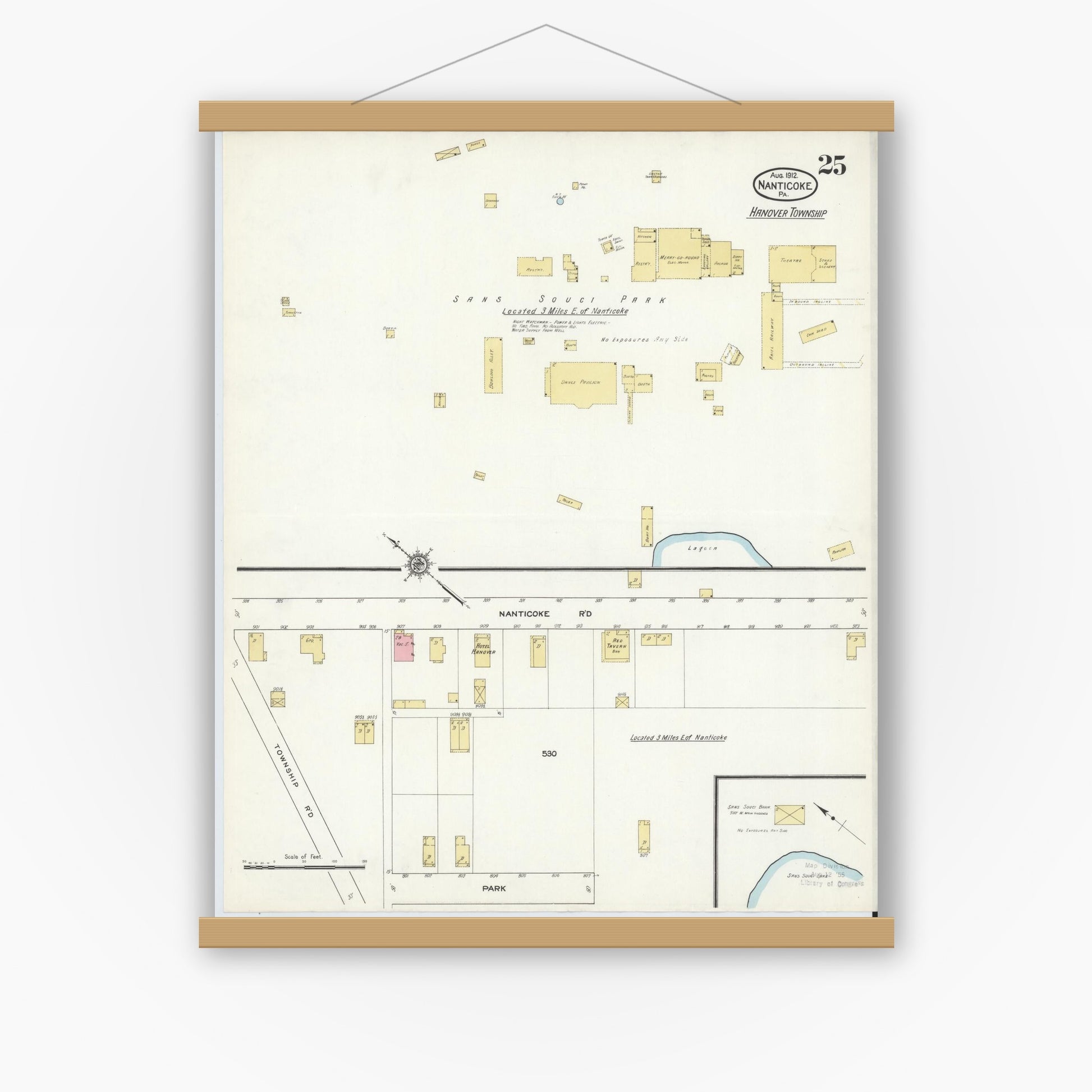 Old map wall art mockup — magnetic wood frame on white wall — Sanborn Fire Insurance Map from Nanticoke, Luzerne County, Pennsylvania (1912), Sheet #0025