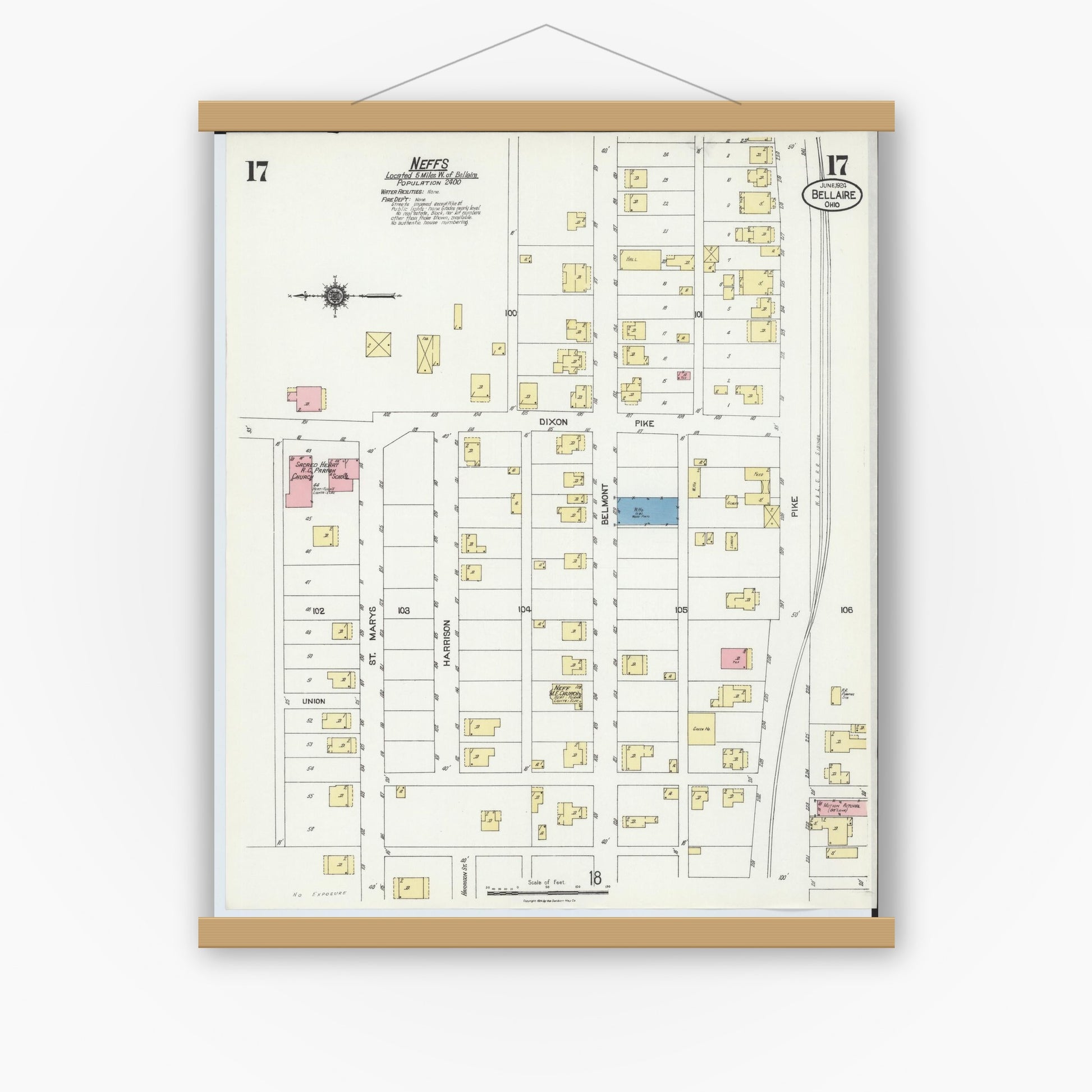 Old map wall art mockup — magnetic wood frame on white wall — Sanborn Fire Insurance Map from Bellaire, Belmont County, Ohio (1924), Sheet #0017