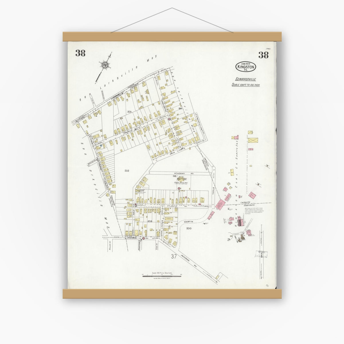 Old map wall art mockup — magnetic wood frame on white wall — Sanborn Fire Insurance Map from Kingston, Luzerne County, Pennsylvania (1925), Sheet #0038