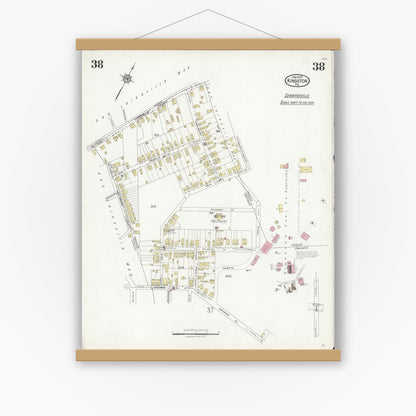 Old map wall art mockup — magnetic wood frame on white wall — Sanborn Fire Insurance Map from Kingston, Luzerne County, Pennsylvania (1925), Sheet #0038