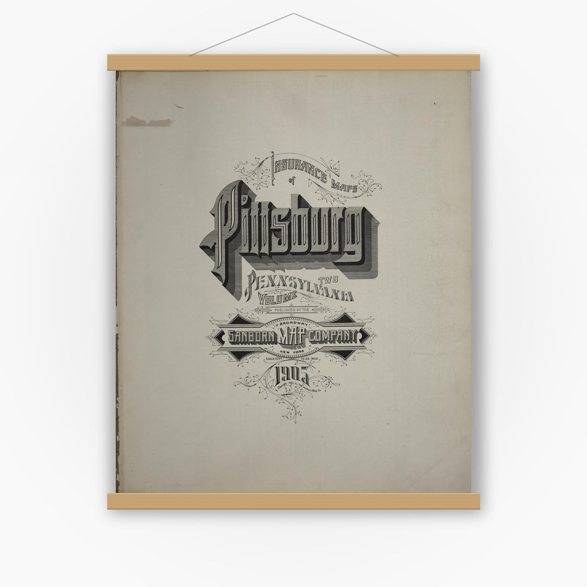 Old map wall art mockup — magnetic wood frame on white wall — Sanborn Fire Insurance Map from Pittsburgh, Allegheny County, Pennsylvania (1905), Sheet #0001