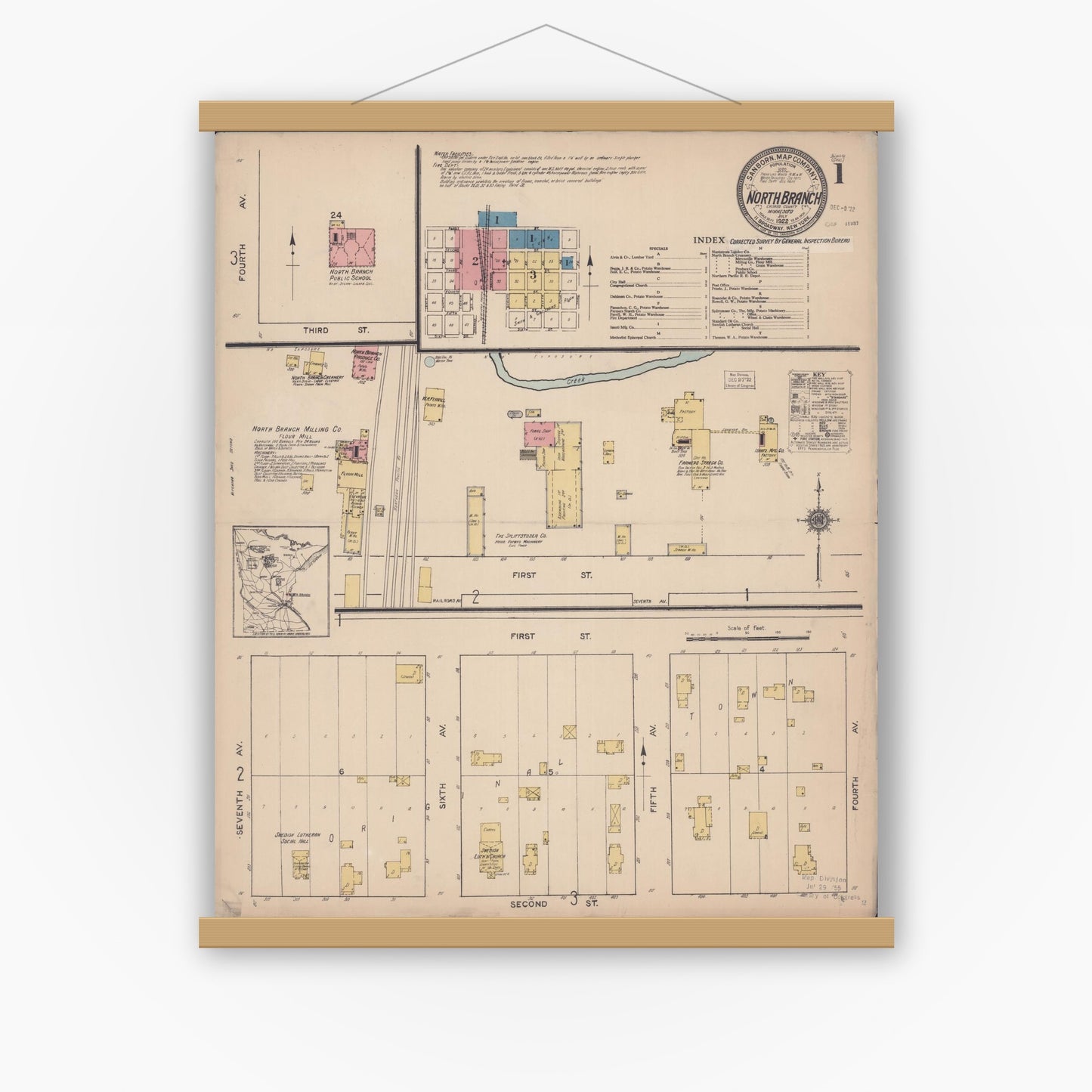 Old map wall art mockup — magnetic wood frame on white wall — Sanborn Fire Insurance Map from North Branch, Chisago County, Minnesota (1922), Sheet #0001