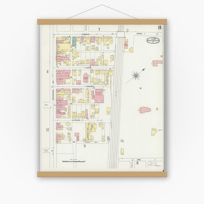 Old map wall art mockup — magnetic wood frame on white wall — Sanborn Fire Insurance Map from Braddock, Allegheny County, Pennsylvania (1896), Sheet #0008