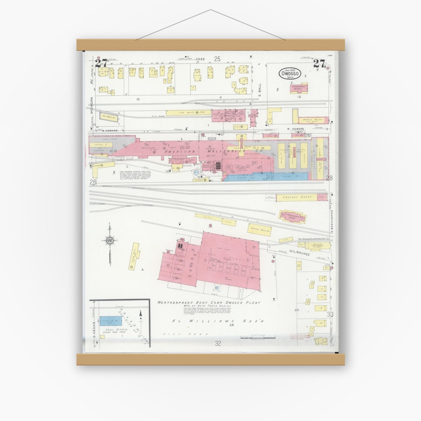Old map wall art mockup — magnetic wood frame on white wall — Sanborn Fire Insurance Map from Owosso, Shiawassee County, Michigan (1930), Sheet #0027