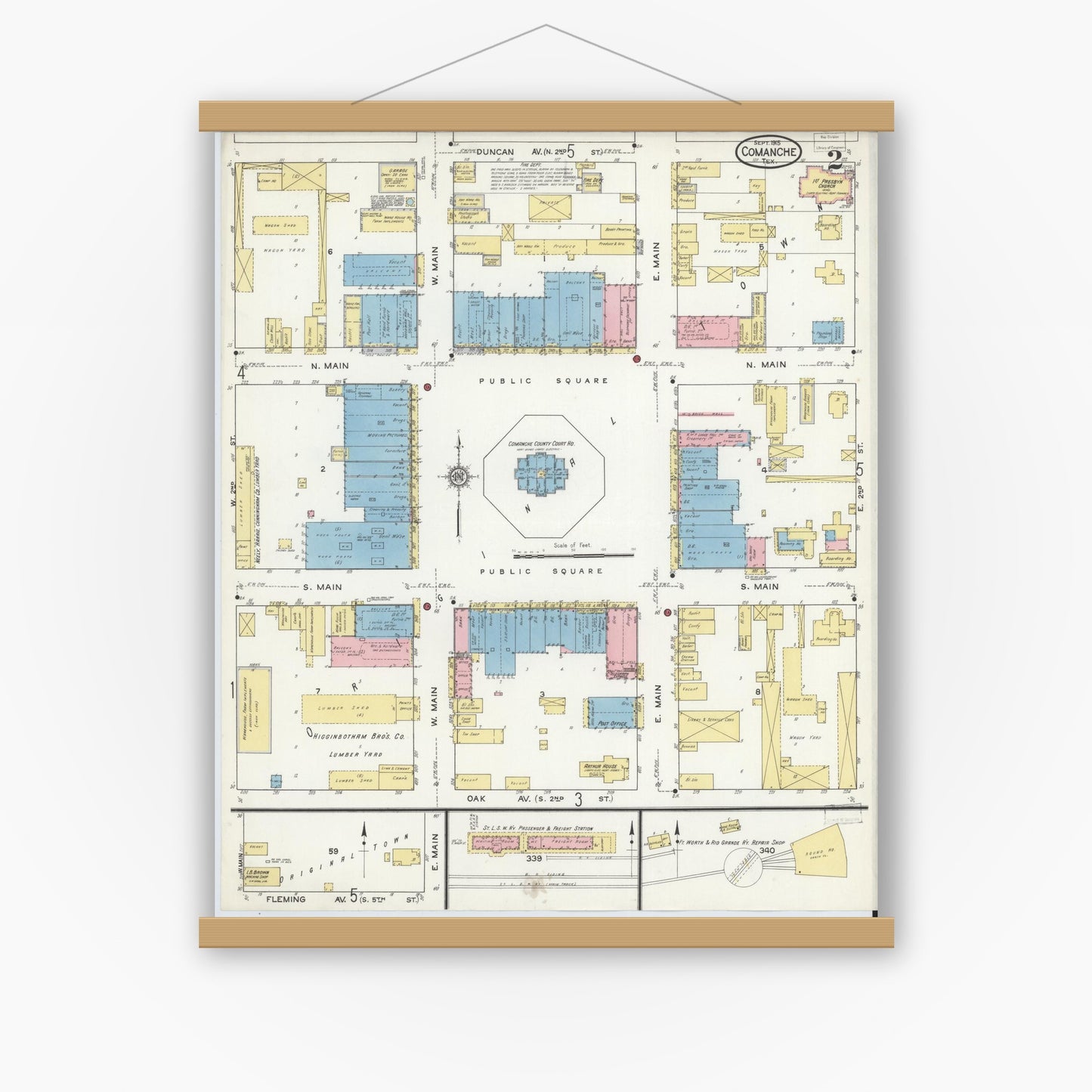 Old map wall art mockup — magnetic wood frame on white wall — Sanborn Fire Insurance Map from Comanche, Comanche County, Texas (1915), Sheet #0002