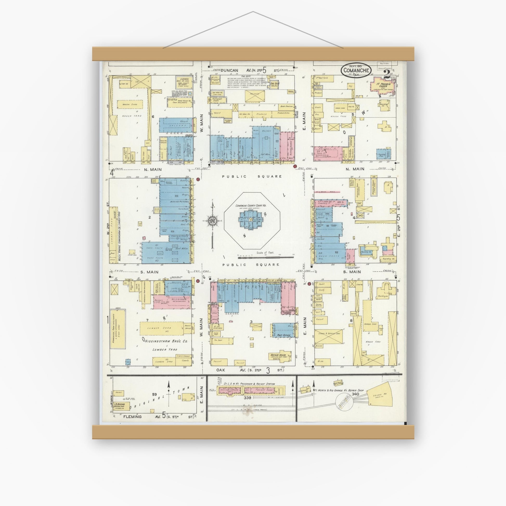 Old map wall art mockup — magnetic wood frame on white wall — Sanborn Fire Insurance Map from Comanche, Comanche County, Texas (1915), Sheet #0002