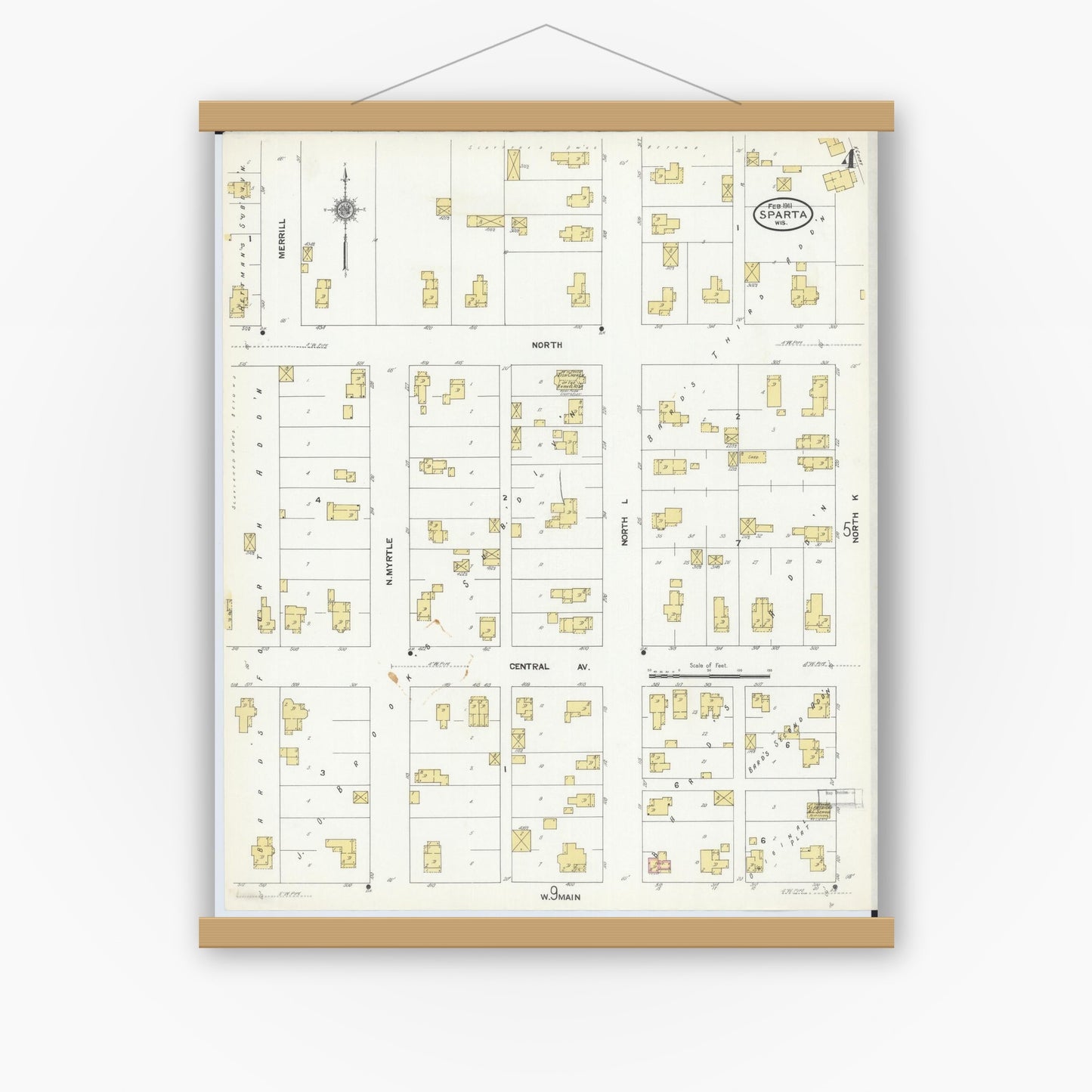 Old map wall art mockup — magnetic wood frame on white wall — Sanborn Fire Insurance Map from Sparta, Monroe County, Wisconsin (1911), Sheet #0004
