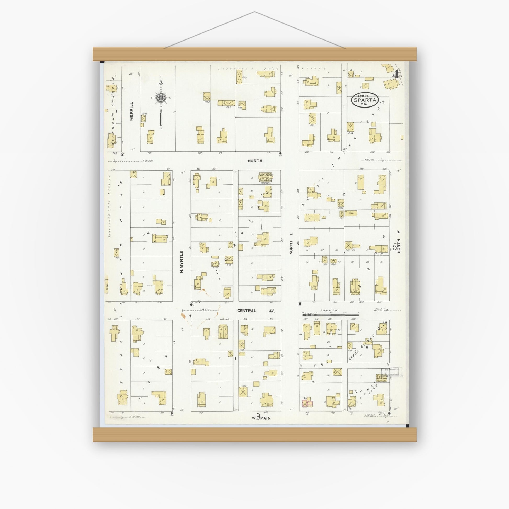 Old map wall art mockup — magnetic wood frame on white wall — Sanborn Fire Insurance Map from Sparta, Monroe County, Wisconsin (1911), Sheet #0004
