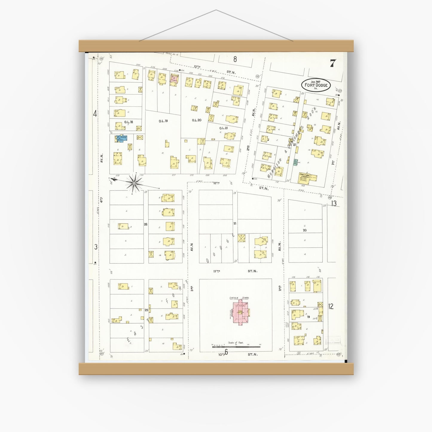 Old map wall art mockup — magnetic wood frame on white wall — Sanborn Fire Insurance Map from Fort Dodge, Webster County, Iowa (1907), Sheet #0007