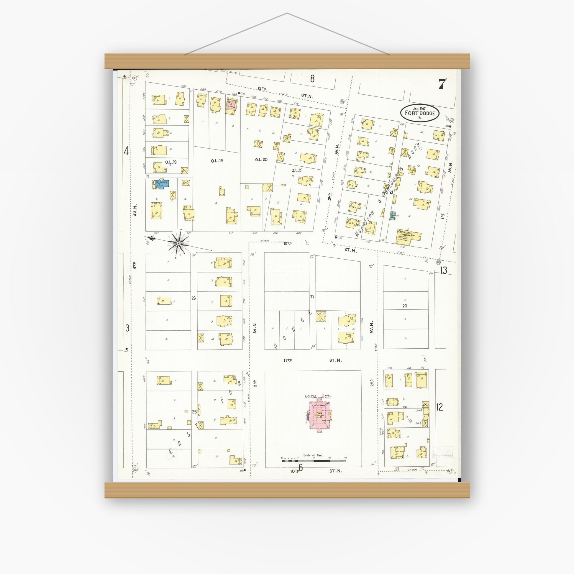 Old map wall art mockup — magnetic wood frame on white wall — Sanborn Fire Insurance Map from Fort Dodge, Webster County, Iowa (1907), Sheet #0007