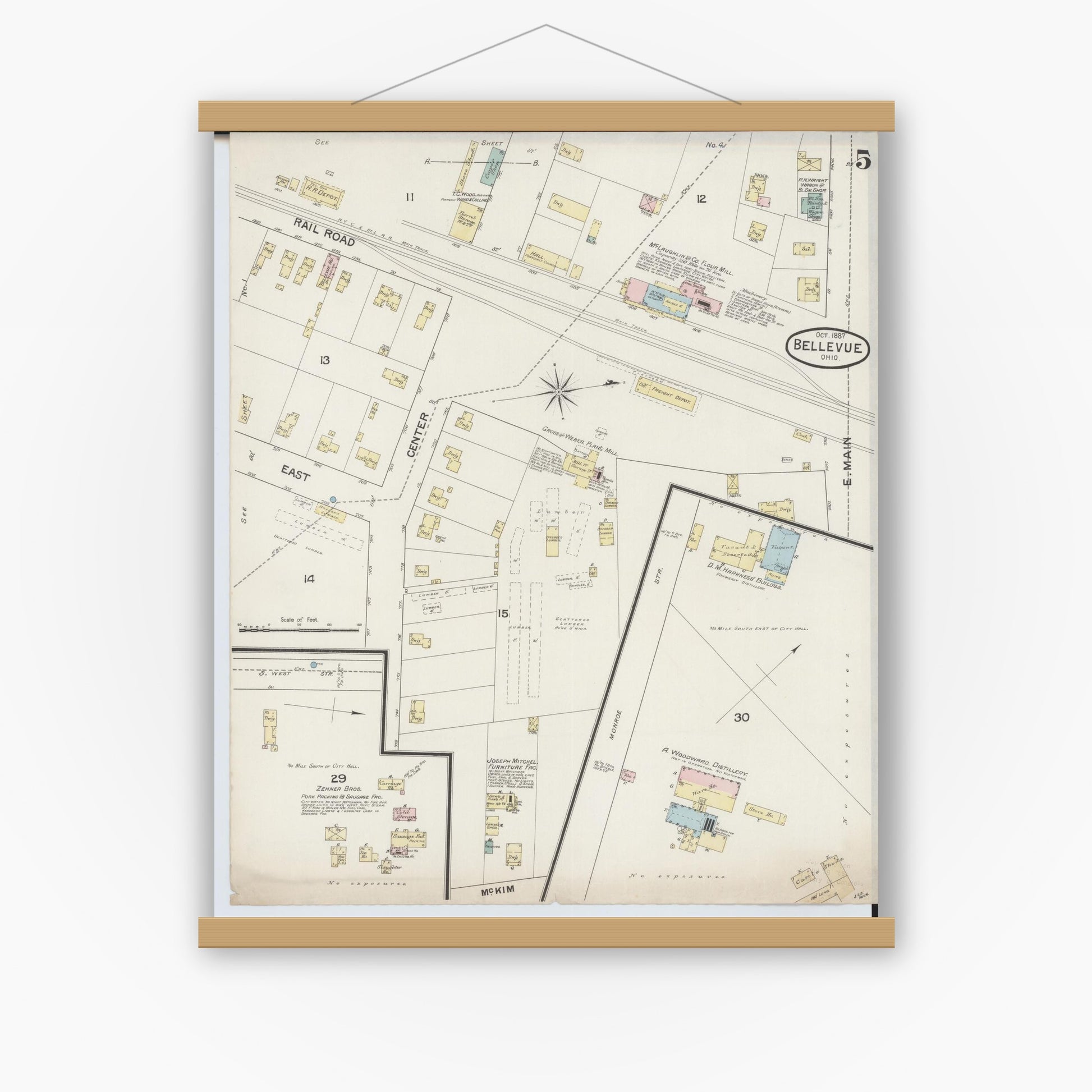 Old map wall art mockup — magnetic wood frame on white wall — Sanborn Fire Insurance Map from Bellevue, Huron And Sandusky County, Ohio (1887), Sheet #0005