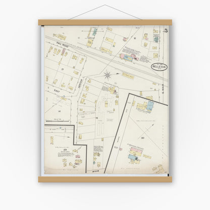 Old map wall art mockup — magnetic wood frame on white wall — Sanborn Fire Insurance Map from Bellevue, Huron And Sandusky County, Ohio (1887), Sheet #0005