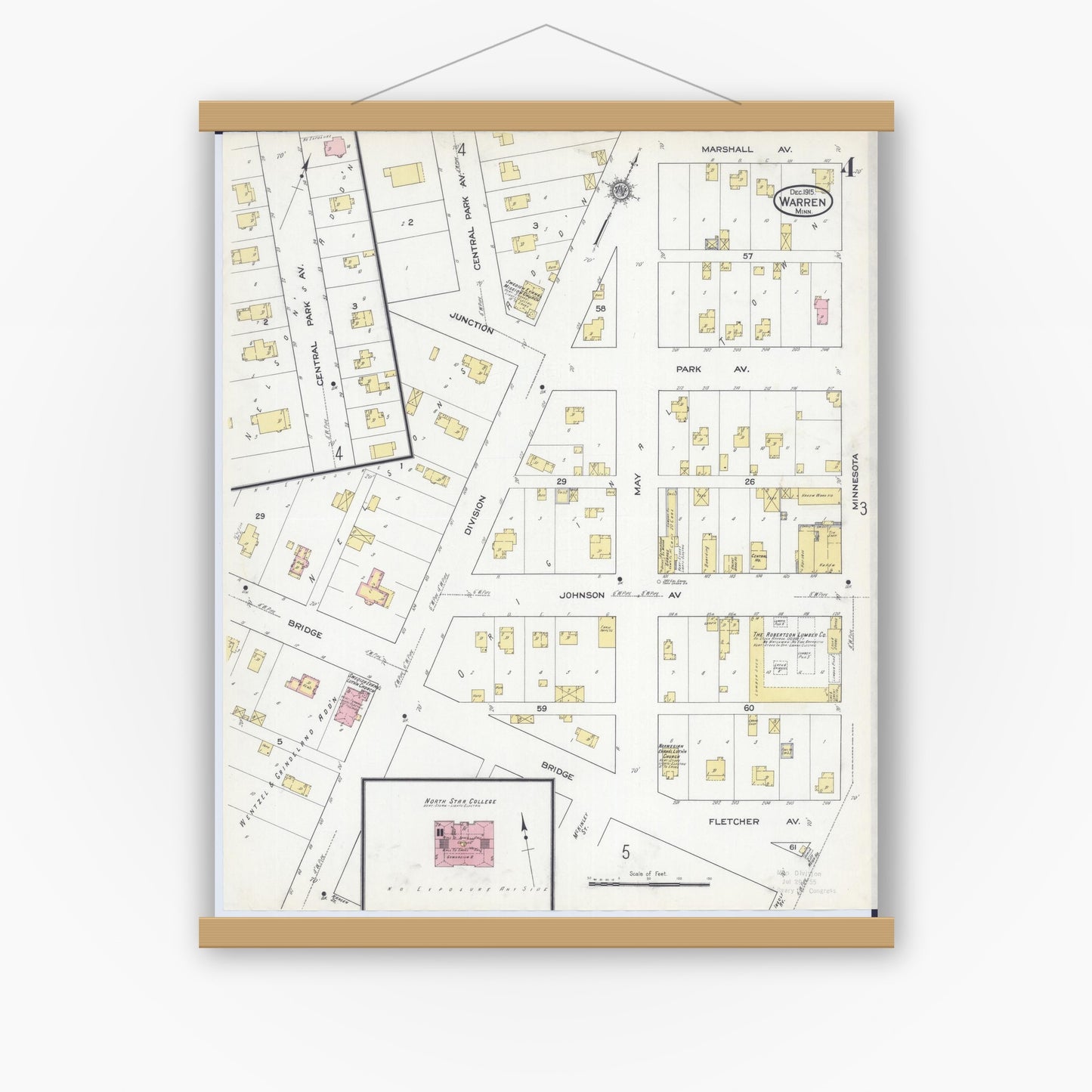 Old map wall art mockup — magnetic wood frame on white wall — Sanborn Fire Insurance Map from Warren, Marshall County, Minnesota (1915), Sheet #0004