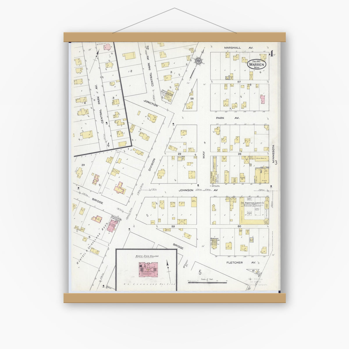 Old map wall art mockup — magnetic wood frame on white wall — Sanborn Fire Insurance Map from Warren, Marshall County, Minnesota (1915), Sheet #0004