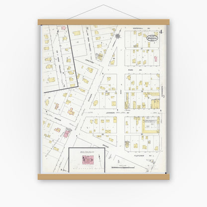 Old map wall art mockup — magnetic wood frame on white wall — Sanborn Fire Insurance Map from Warren, Marshall County, Minnesota (1915), Sheet #0004