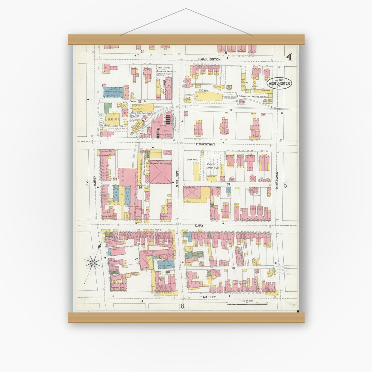 Old map wall art mockup — magnetic wood frame on white wall — Sanborn Fire Insurance Map from West Chester, Chester County, Pennsylvania (1902), Sheet #0004