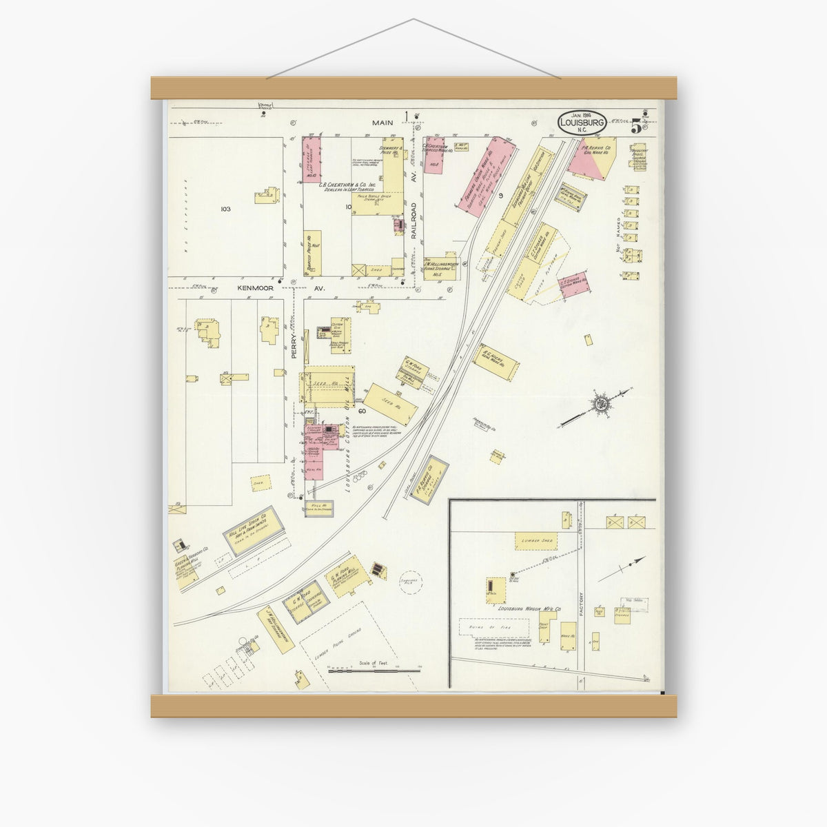 Old map wall art mockup — magnetic wood frame on white wall — Sanborn Fire Insurance Map from Louisburg, Franklin County, North Carolina (1914), Sheet #0005
