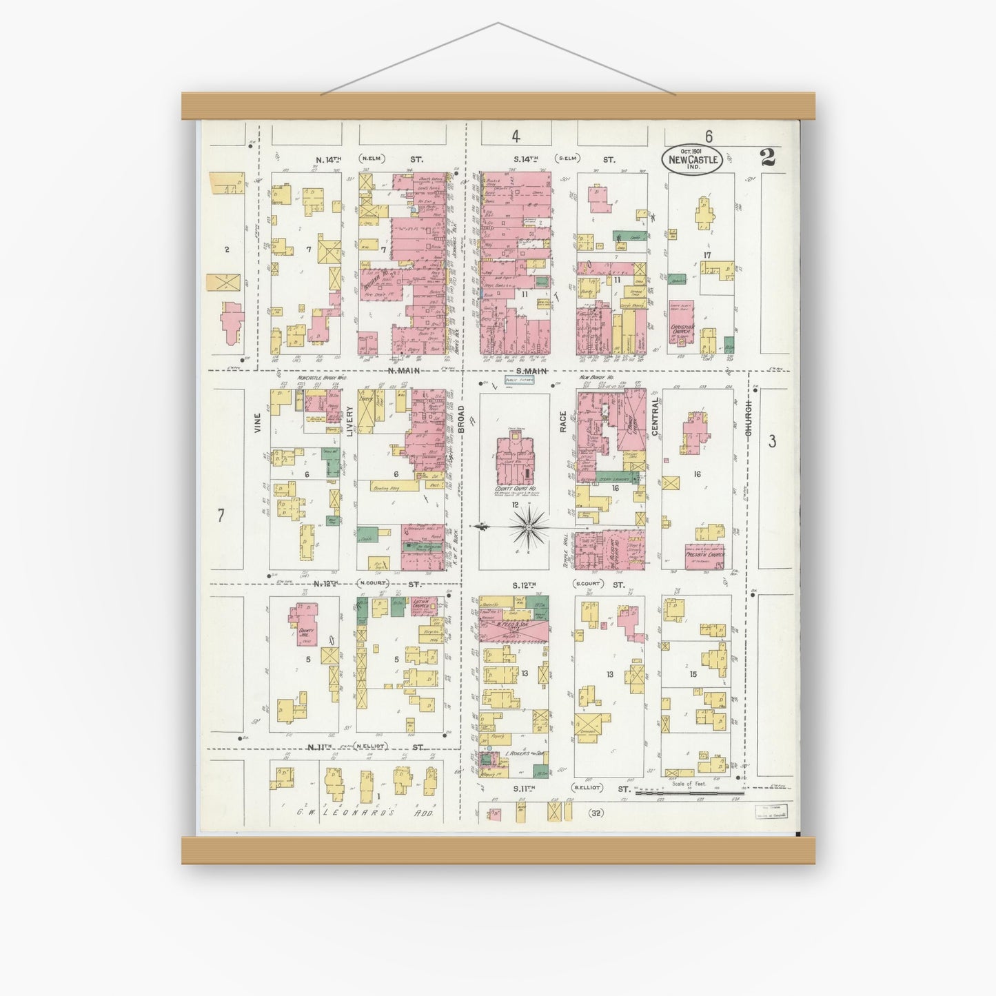Old map wall art mockup — magnetic wood frame on white wall — Sanborn Fire Insurance Map from New Castle, Henry County, Indiana (1901), Sheet #0002