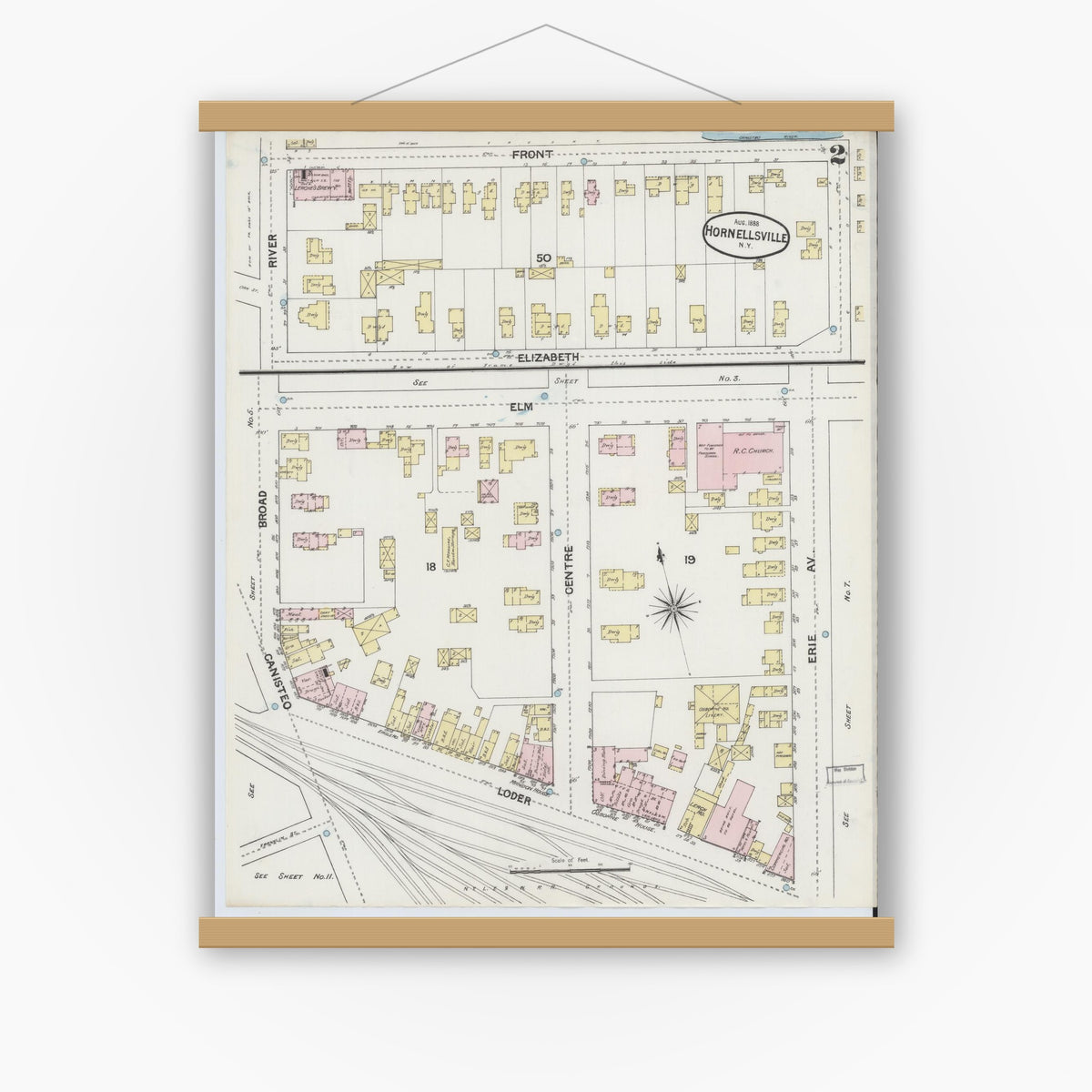 Old map wall art mockup — magnetic wood frame on white wall — Sanborn Fire Insurance Map from Hornell, Steuben County, New York (1888) - Complete Map Set