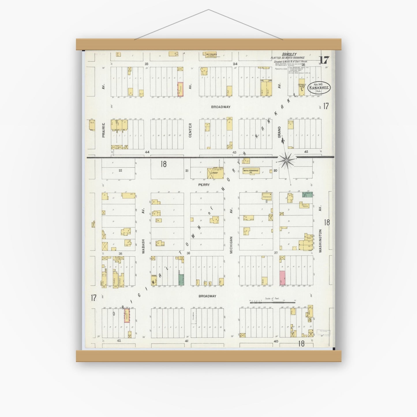 Old map wall art mockup — magnetic wood frame on white wall — Sanborn Fire Insurance Map from Kankakee, Kankakee County, Illinois (1901), Sheet #0017