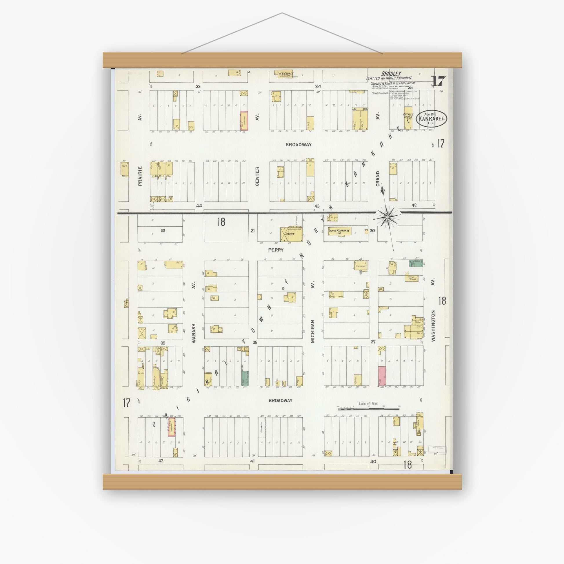 Old map wall art mockup — magnetic wood frame on white wall — Sanborn Fire Insurance Map from Kankakee, Kankakee County, Illinois (1901), Sheet #0017