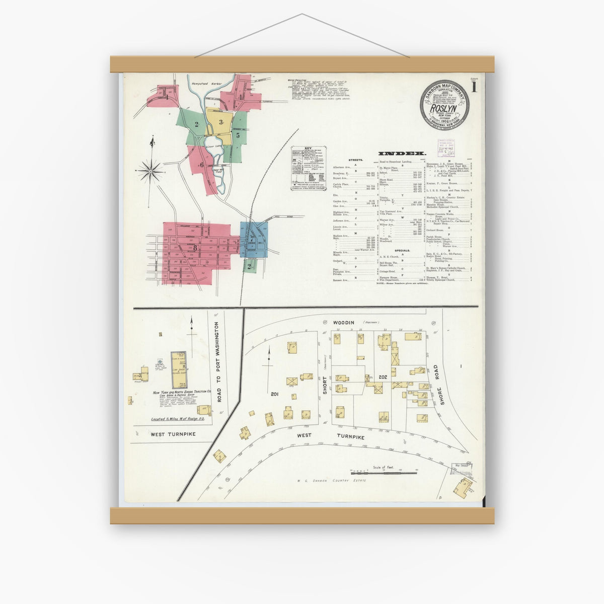 Old map wall art mockup — magnetic wood frame on white wall — Sanborn Fire Insurance Map from Roslyn, Nassau County, New York (1908) - Complete Map Set
