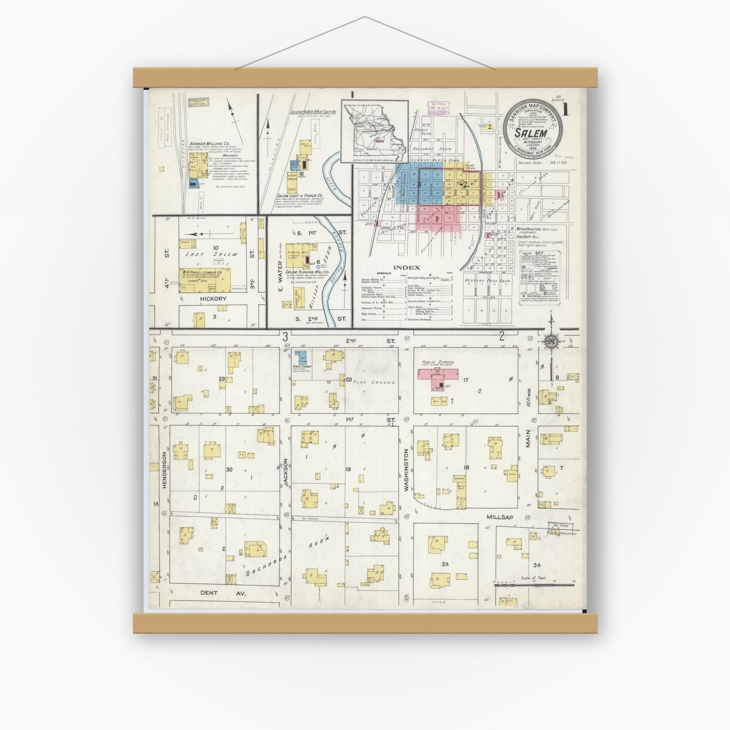 Old map wall art mockup — magnetic wood frame on white wall — Sanborn Fire Insurance Map from Salem, Dent County, Missouri (1916) - Complete Map Set