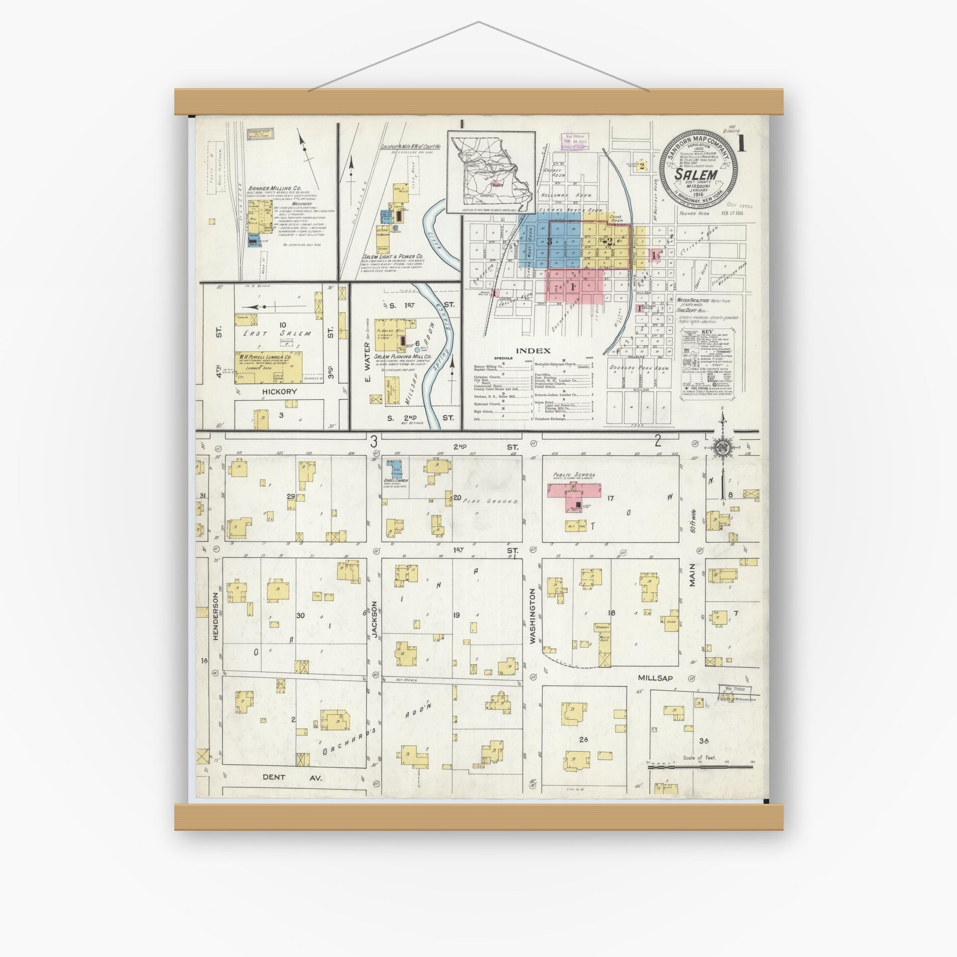 Old map wall art mockup — magnetic wood frame on white wall — Sanborn Fire Insurance Map from Salem, Dent County, Missouri (1916) - Complete Map Set