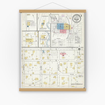 Old map wall art mockup — magnetic wood frame on white wall — Sanborn Fire Insurance Map from Salem, Dent County, Missouri (1916) - Complete Map Set