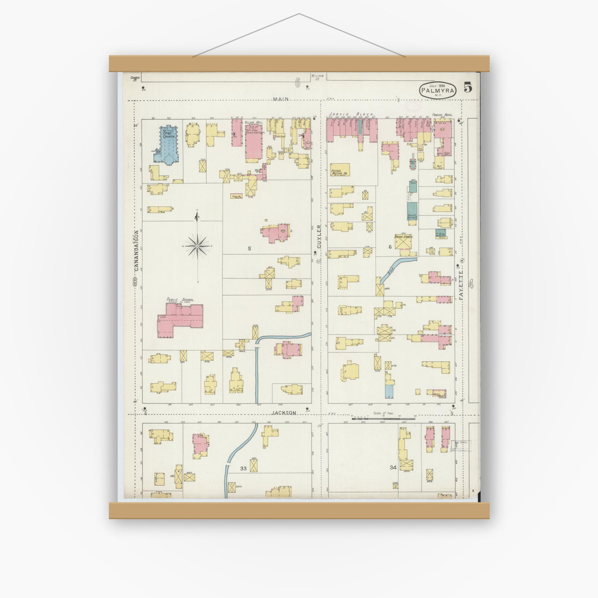Old map wall art mockup — magnetic wood frame on white wall — Sanborn Fire Insurance Map from Palmyra, Wayne County, New York (1894), Sheet #0005