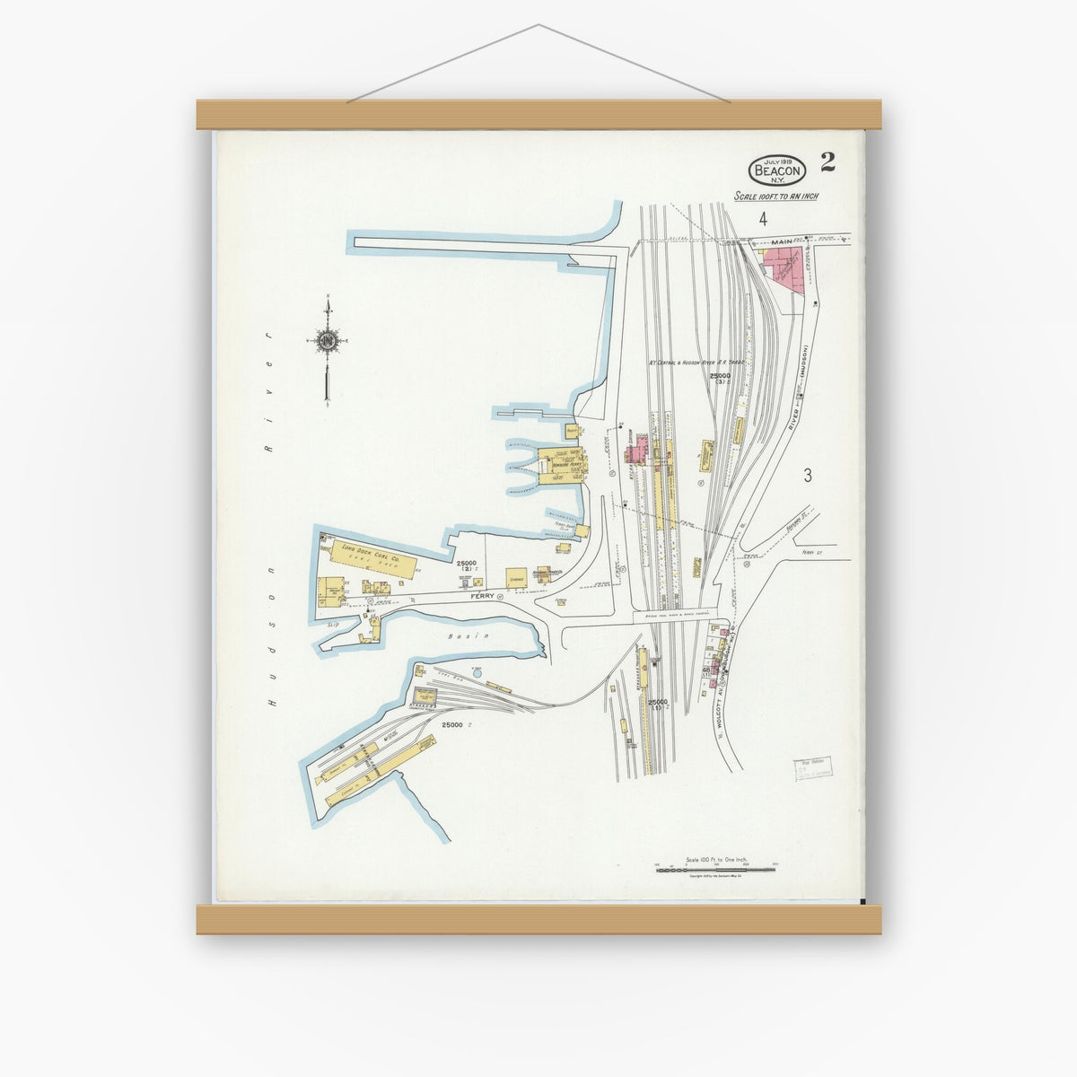Old map wall art mockup — magnetic wood frame on white wall — Sanborn Fire Insurance Map from Beacon, Dutchess County, New York (1919) - Complete Map Set