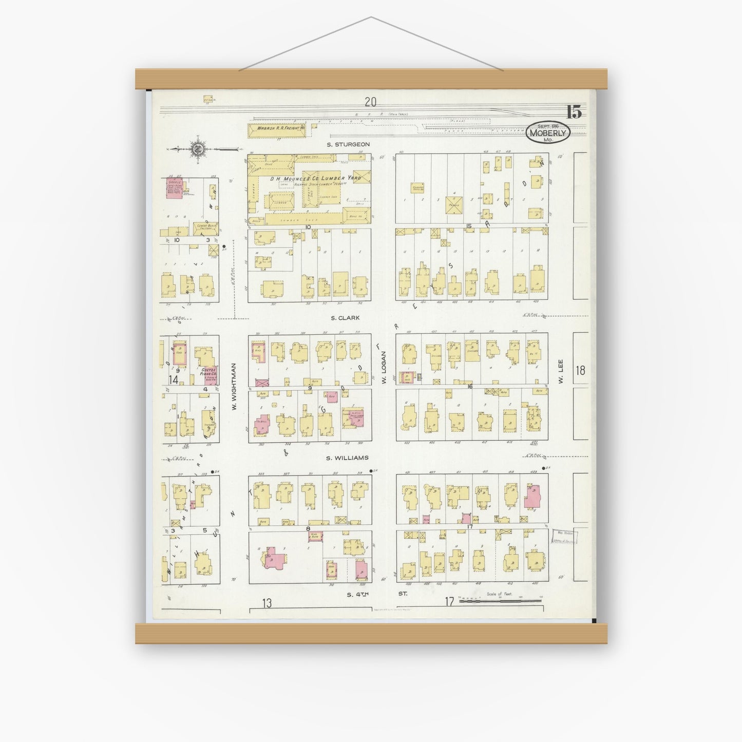 Old map wall art mockup — magnetic wood frame on white wall — Sanborn Fire Insurance Map from Moberly, Randolph County, Missouri (1916), Sheet #0015