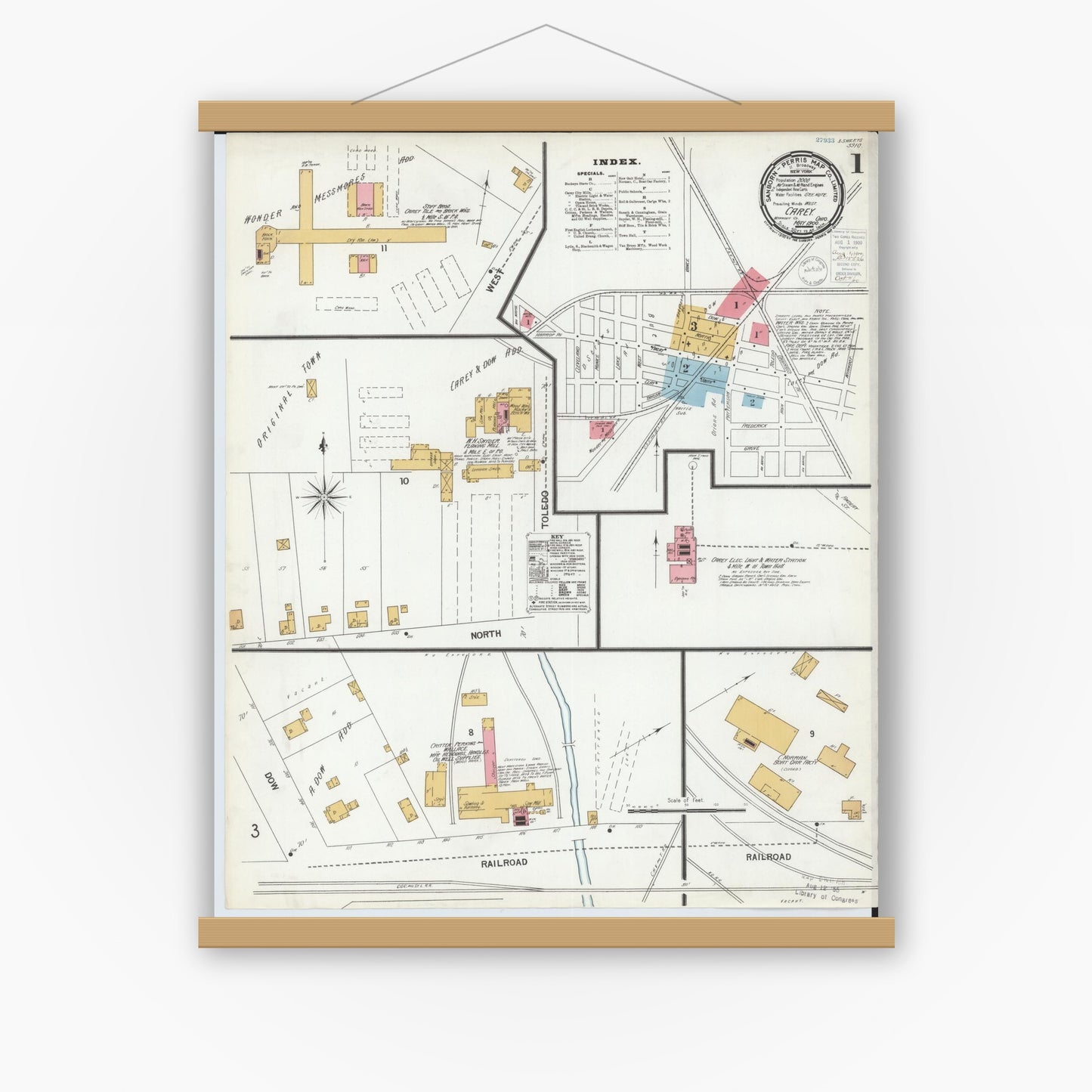 Old map wall art mockup — magnetic wood frame on white wall — Sanborn Fire Insurance Map from Carey, Wyandot County, Ohio (1900), Sheet #0001