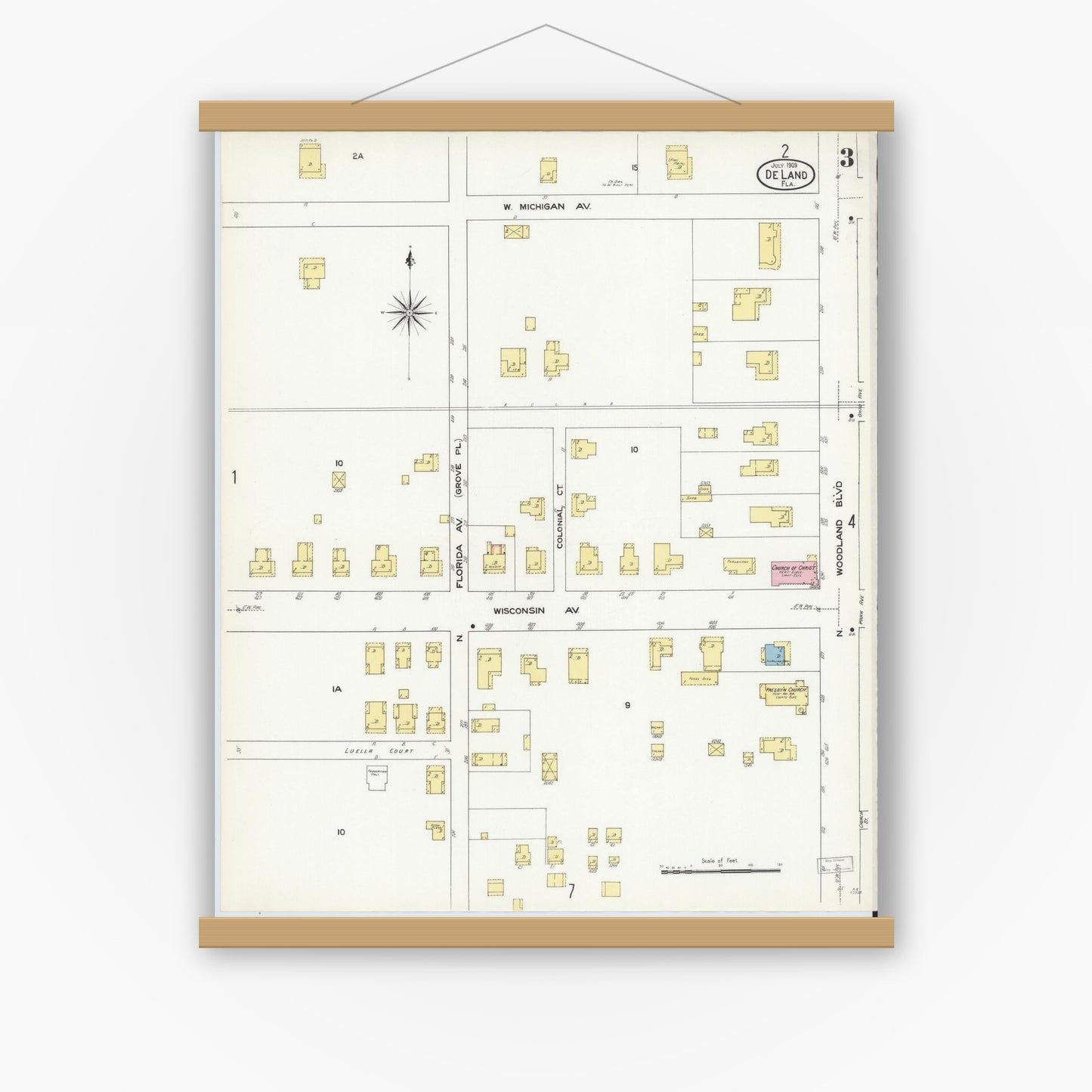 Old map wall art mockup — magnetic wood frame on white wall — Sanborn Fire Insurance Map from De Land, Volusia County, Florida (1909), Sheet #0003