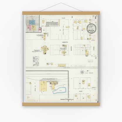 Old map wall art mockup — magnetic wood frame on white wall — Sanborn Fire Insurance Map from Groesbeck, Limestone County, Texas (1896) - Complete Map Set